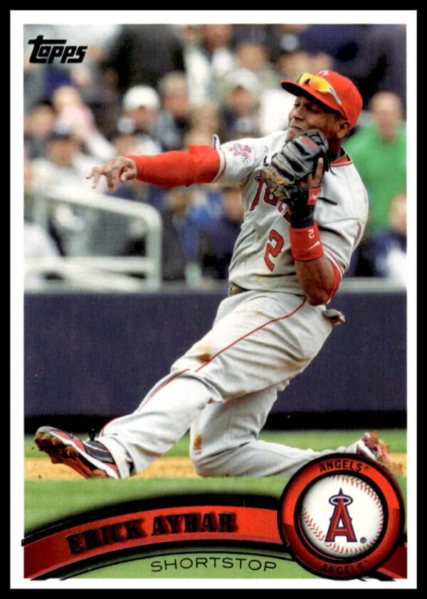 Front of 2011 Topps baseball card featuring Erick Aybar in Los Angeles Angels uniform.