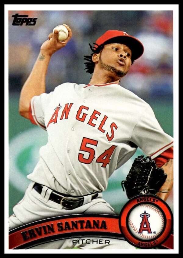 Ervin Santana 2011 Topps Card #439: Pitching Action, Stats, and Team Uniform.