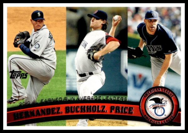 2011 Topps card featuring pitchers Felix Hernandez, Clay Buchholz, and David Price, #235.