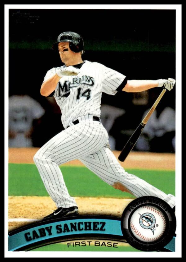 Gaby Sanchez 2011 Topps Baseball Card #312, Miami Marlins, in white uniform.