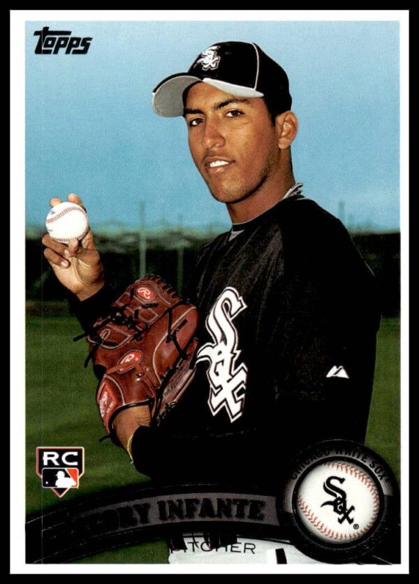 2011 Topps Gregory Infante baseball card, White Sox pitcher, mid-pitch, card #223.
