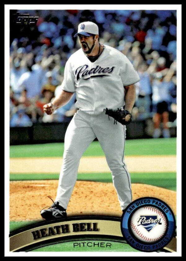 Heath Bell pitching, 2011 Topps Baseball Card #178, San Diego Padres uniform.