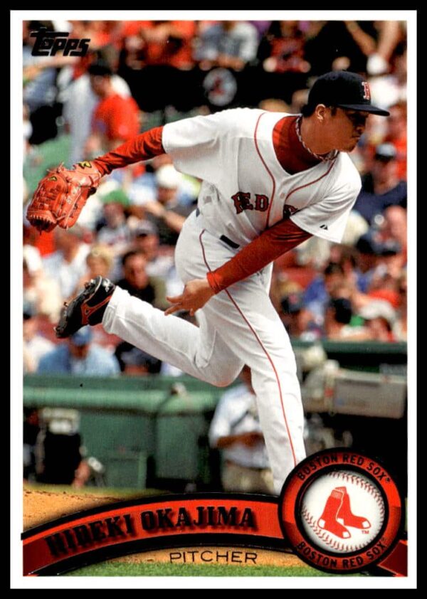 Hideki Okajima pitching, 2011 Topps Baseball Card #423, Boston Red Sox.