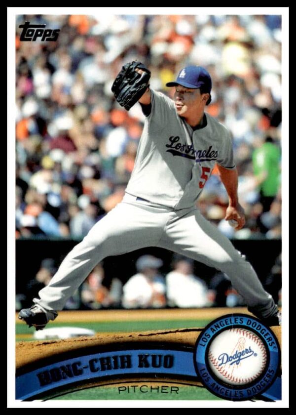 2011 Topps Hong-Chih Kuo Dodgers Baseball Card #46 Front Pitching Action.