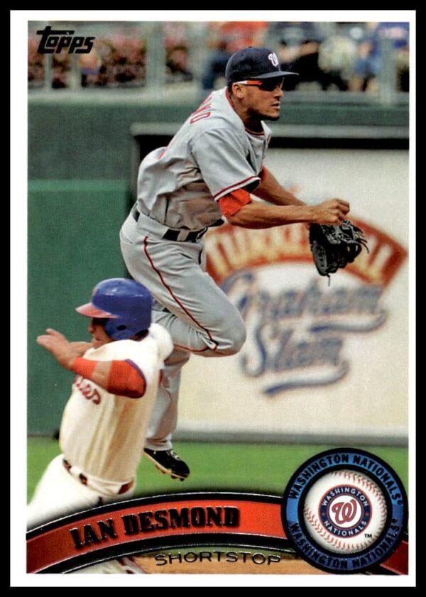2011 Topps Ian Desmond #308 baseball card, Washington Nationals, action stance.