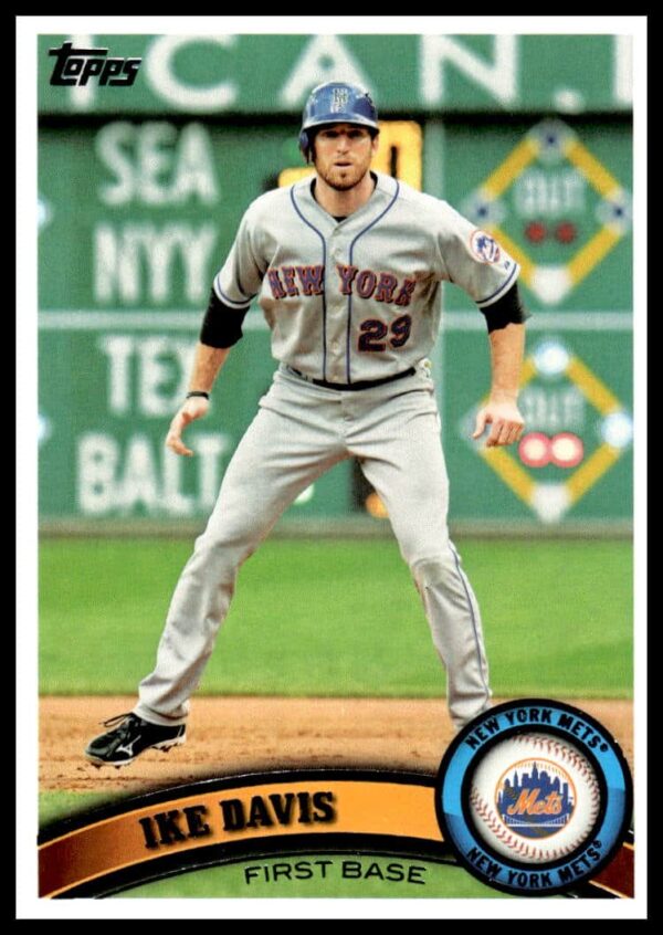 Ike Davis 2011 Topps card #290 front, featuring Mets action shot and player stats.