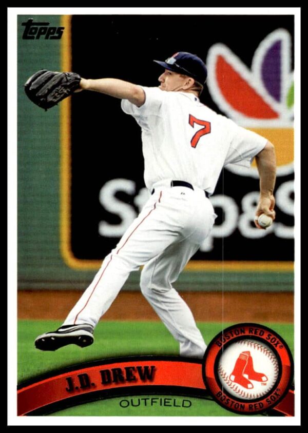 J.D. Drew 2011 Topps Baseball Card #653, Boston Red Sox, dynamic pose.