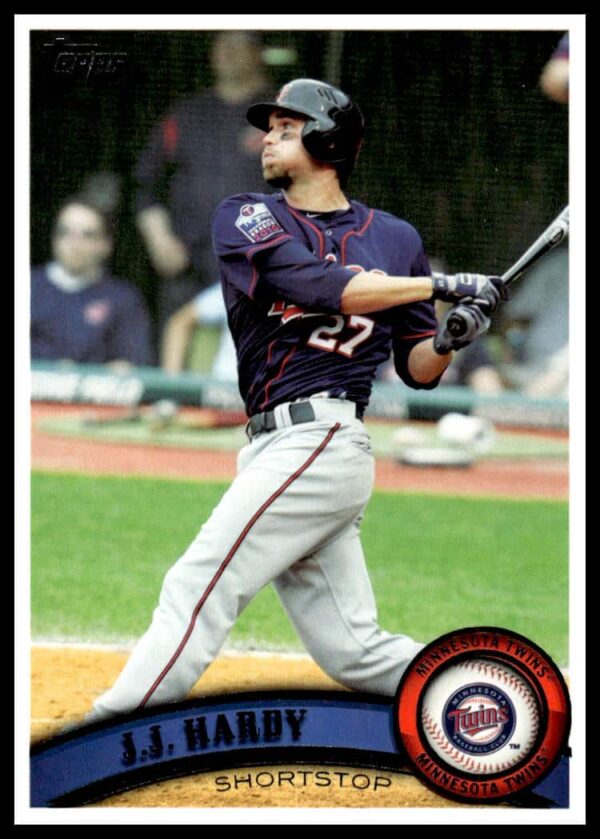 J.J. Hardy 2011 Topps card #272 showcasing Orioles action shot and player stats.