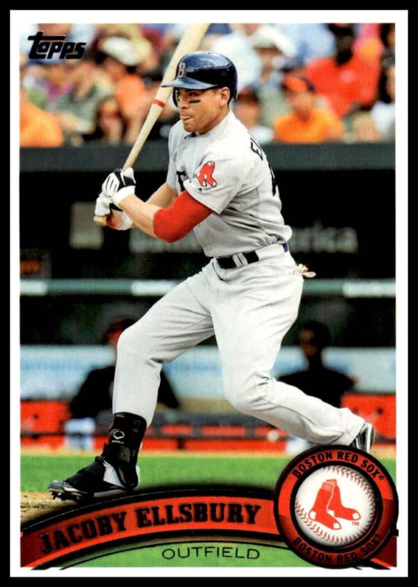 2011 Topps Baseball Card #351: Jacoby Ellsbury, Boston Red Sox center fielder in action.