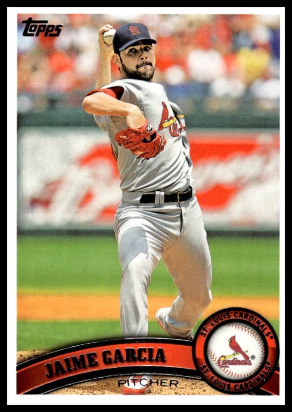 Jaime Garcia pitching in Cardinals uniform on 2011 Topps Baseball Card #23.