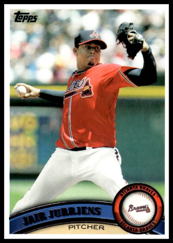 2011 Topps Jair Jurrjens #72, Atlanta Braves pitcher, stadium background.