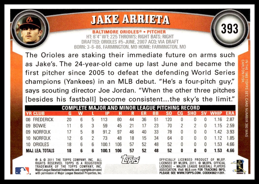 Back of Jake Arrietas 2011 Topps card #393 featuring stats, bio, and team details.