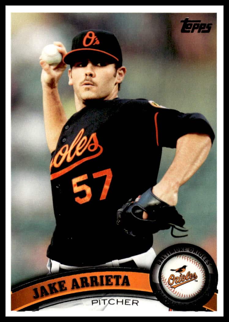Topps 2011 Jake Arrieta Baseball Card #393, Orioles Pitcher in Action.