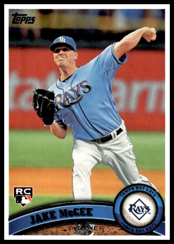 Jake McGee 2011 Topps #268 Baseball Card, Tampa Bay Rays Pitcher, Action Pose.