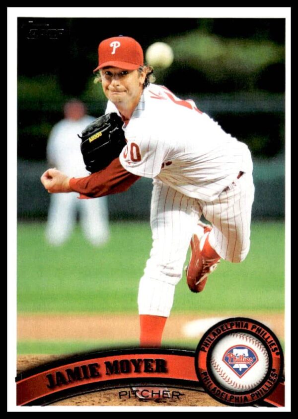 Jamie Moyer 2011 Topps card, pitching, Phillies uniform, #232, vibrant colors.