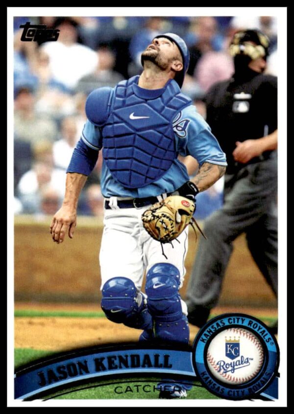 Topps 2011 Jason Kendall baseball card #472, showcasing dynamic field action.
