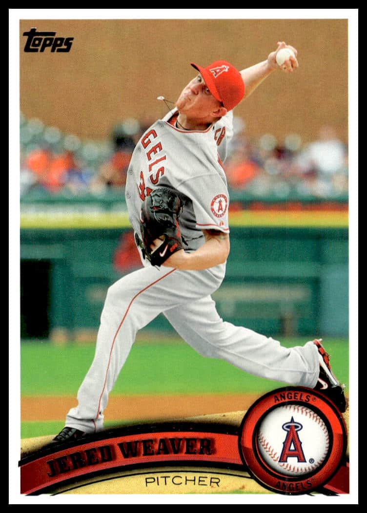Jered Weaver 2011 Topps #75 card, showcasing pitcher in-action in Los Angeles Angels uniform.