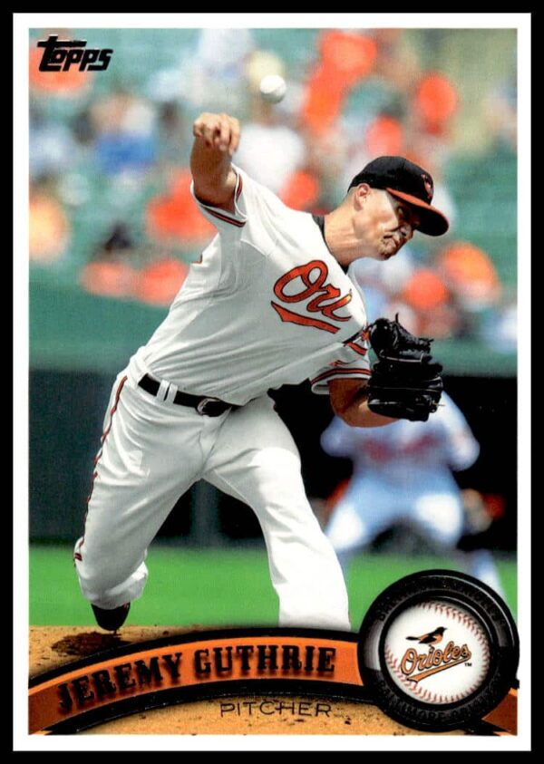 2011 Topps Jeremy Guthrie #321 baseball card front, highlighting player in action pose.