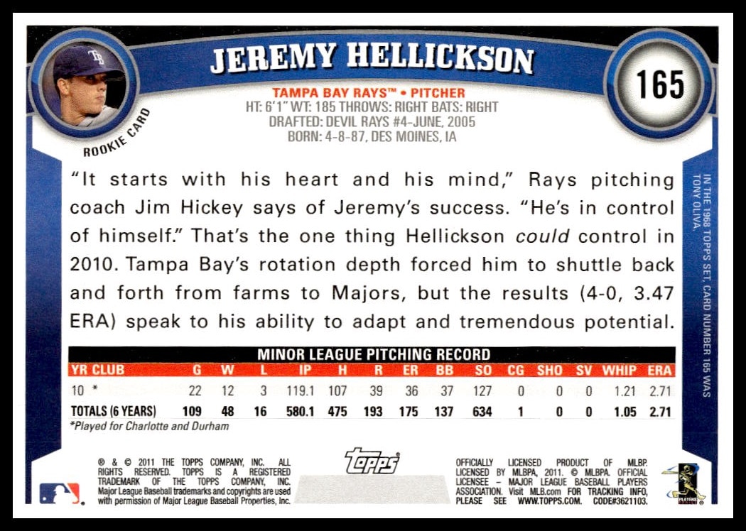 Back of 2011 Topps Jeremy Hellickson #165 card with stats and career highlights.
