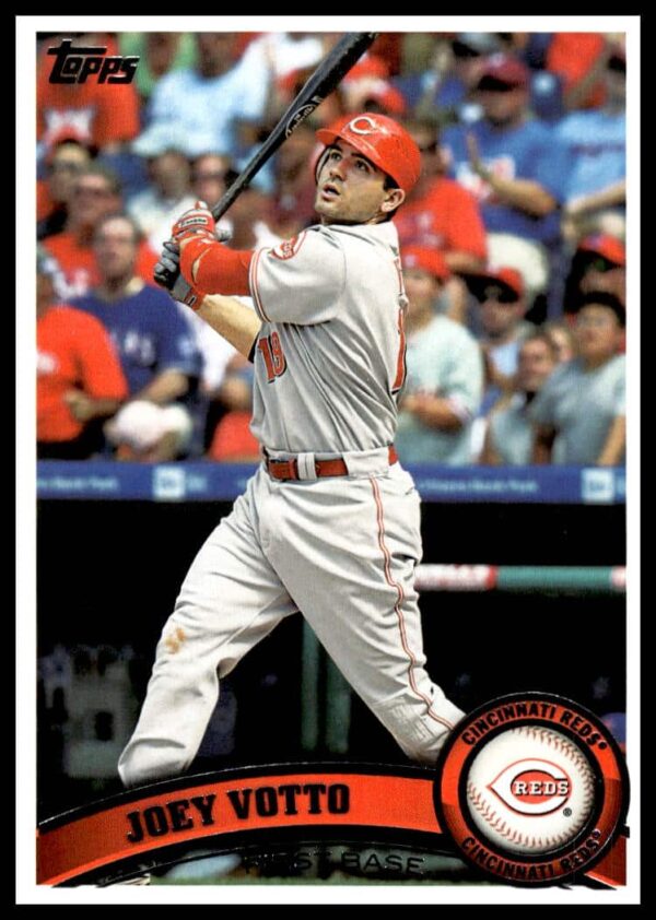 Joey Votto 2011 Topps baseball card #5, Cincinnati Reds, mid-swing action shot.