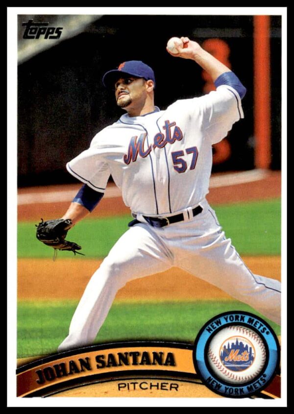 Johan Santana 2011 Topps card #56, pitching for New York Mets, front view.