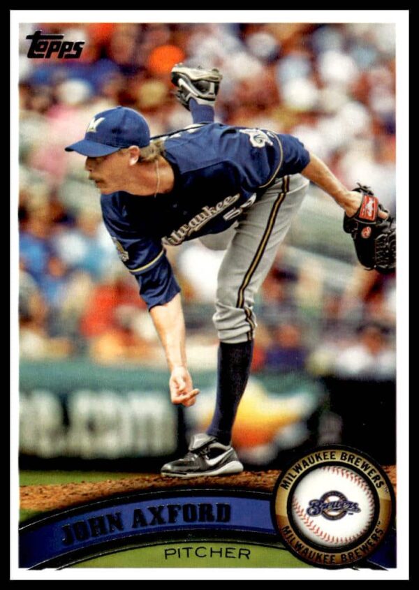 2011 Topps John Axford #591 Baseball Card - Milwaukee Brewers Pitcher in Action.