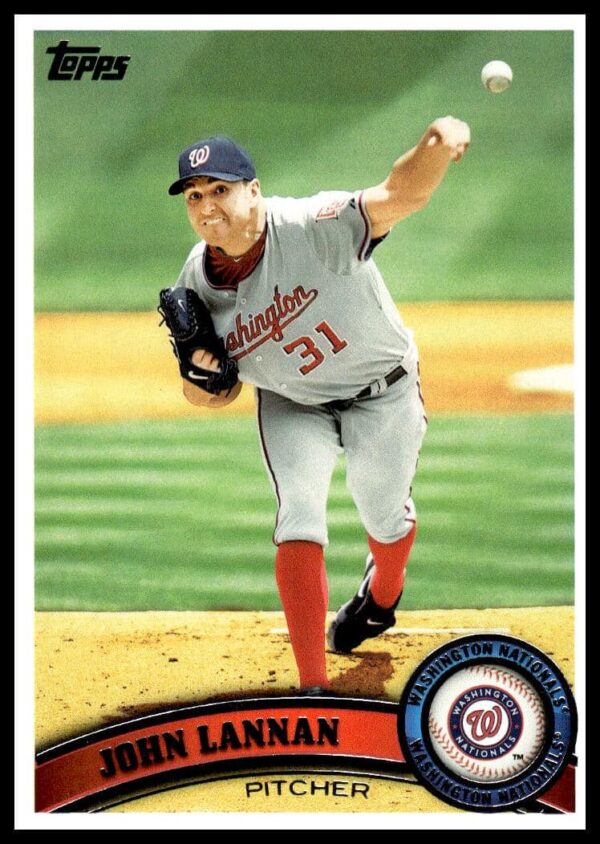 Topps 2011 John Lannan baseball card #246, Washington Nationals pitcher in action.