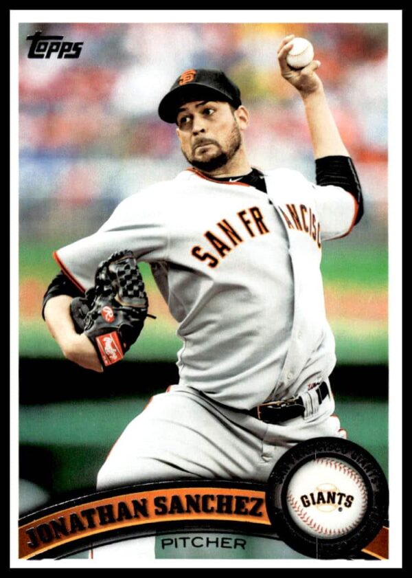Rare 2011 Topps Jonathan Sanchez baseball card showcases Giants pitcher in action, card #229.