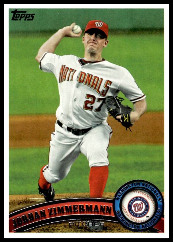 Jordan Zimmermann 2011 Topps baseball card #566, Washington Nationals pitcher in action.