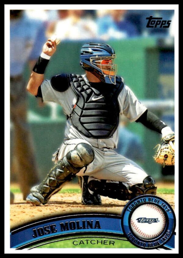 Jose Molina 2011 Topps Baseball Card #414 showing action pose in stadium.