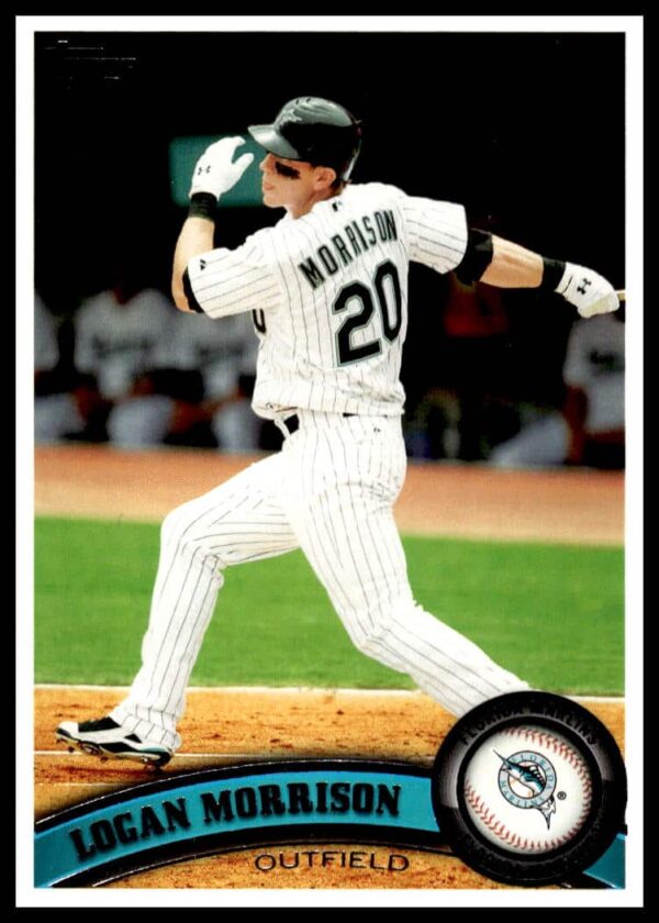 2011 Topps Logan Morrison #455, Miami Marlins uniform, vibrant collectible baseball card.