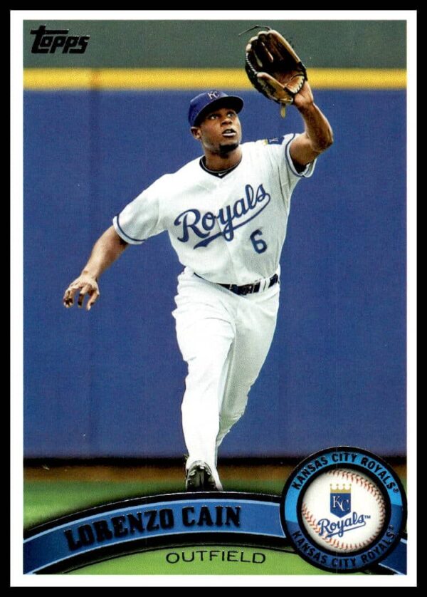 Lorenzo Cain 2011 Topps Baseball Card #533 featuring action shot with Milwaukee Brewers.