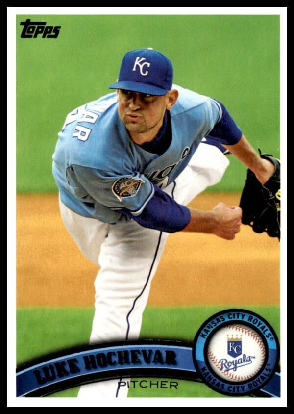 2011 Topps card #620, featuring Royals pitcher Luke Hochevar mid-pitch.