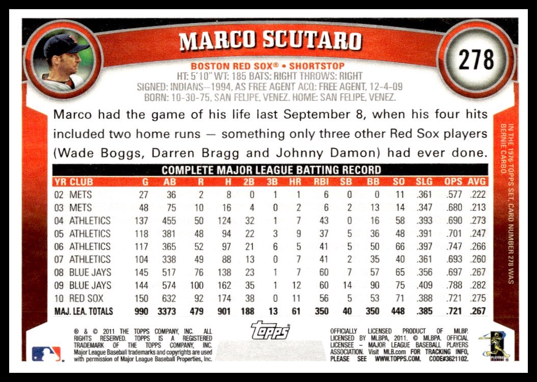 Back of 2011 Topps Marco Scutaro baseball card with stats and career highlights.