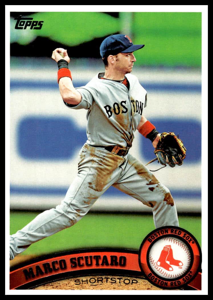 2011 Topps Card #278 with Marco Scutaro, Boston Red Sox infielder in action.