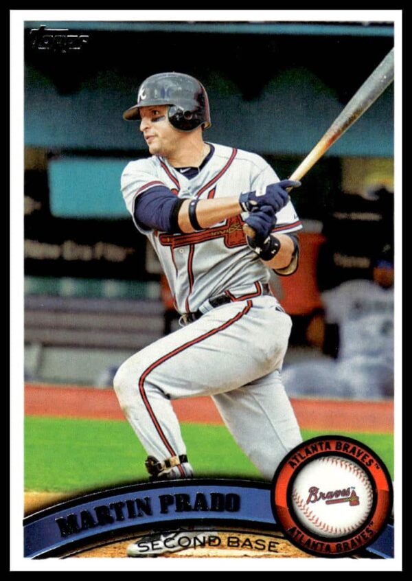 Martin Prado 2011 Topps card #44 front, Atlanta Braves action shot.
