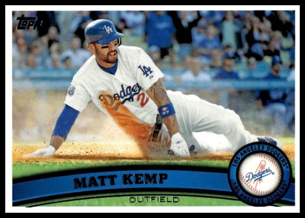Matt Kemp 2011 Topps #375, Dodgers uniform batting pose, iconic baseball card.