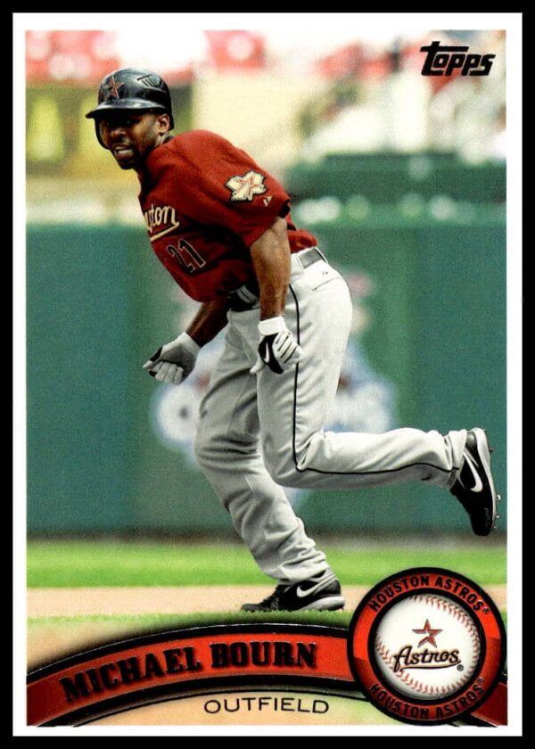 Front of 2011 Topps Michael Bourn baseball card #509, action shot in team uniform.