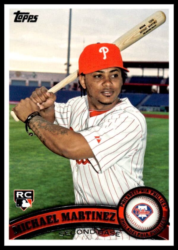 Michael Martinez 2011 Topps Phillies Baseball Card #524, holding bat during MLB debut season.
