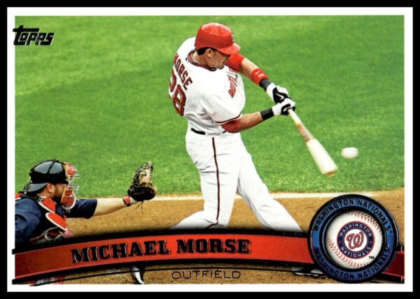 2011 Topps baseball card featuring Mike Morse, Washington Nationals, mid-swing action shot.