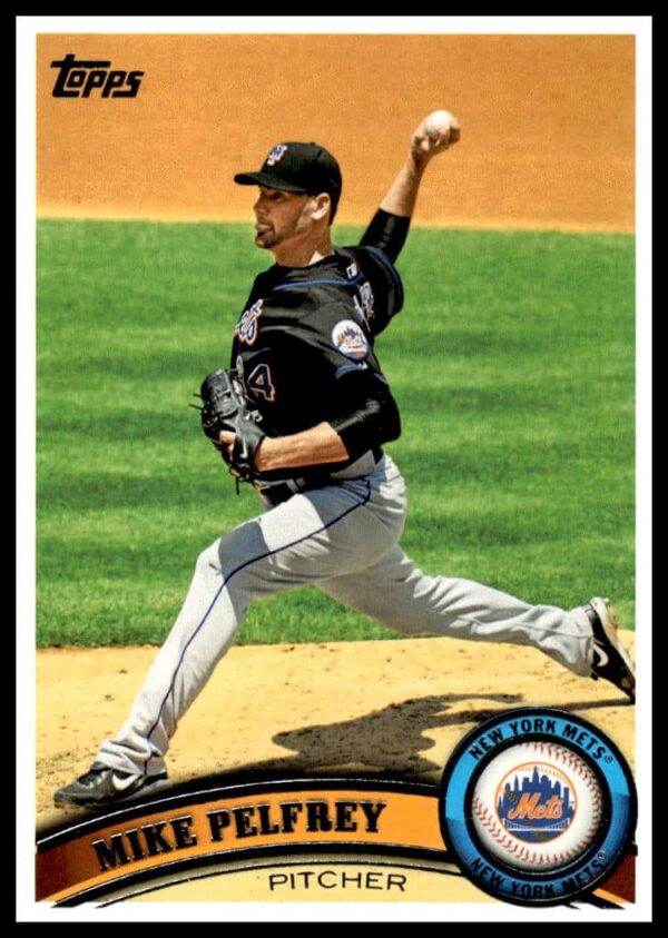 2011 Topps Baseball Card #542, Mike Pelfrey Pitching in Team Uniform, Stadium Background.