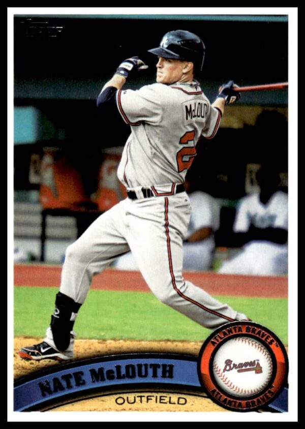 2011 Topps Baseball Card #227: Nate McLouth in-action, outfielder in team uniform.