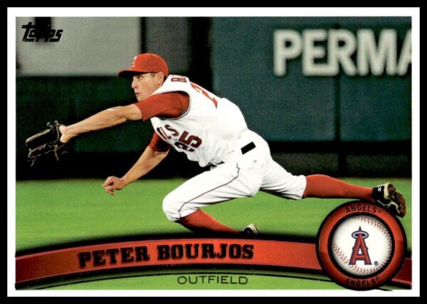 2011 Topps Baseball Card Front: Peter Bourjos, Los Angeles Angels, #185, Action Shot.