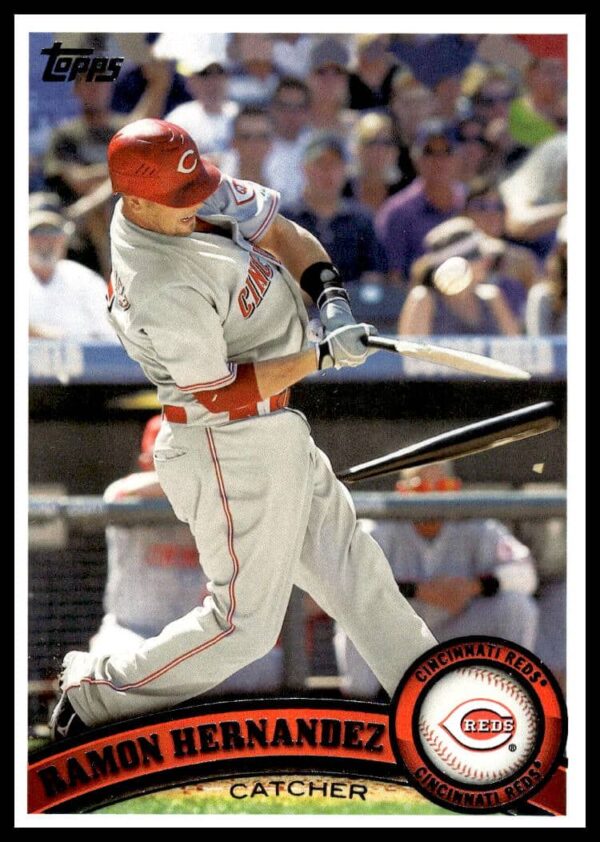 Ramon Hernandez 2011 Topps Baseball Card #233, Cincinnati Reds catcher in action.