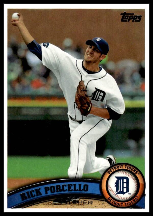 Rick Porcello 2011 Topps Card #597, Detroit Tigers Uniform, Pitching Action Shot.