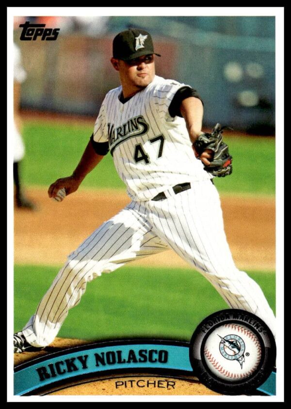 2011 Topps Ricky Nolasco Baseball Card #637, Mid-Pitch, Dynamic Stadium Background.