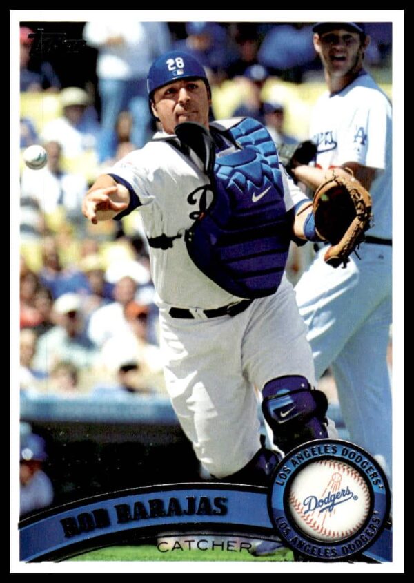 Rod Barajas 2011 Topps baseball card showing action pose, Los Angeles Dodgers, card #575.