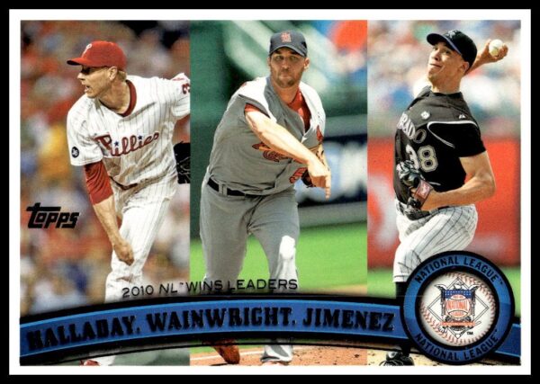 2011 Topps card featuring Halladay, Wainwright, Jimenez in action, pitch in their team uniforms.