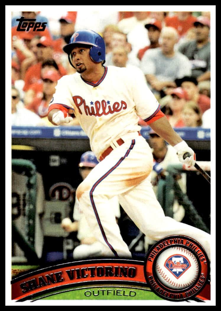 Shane Victorino 2011 Topps #495, Philadelphia Phillies outfielder in action, dynamic gameplay pose.