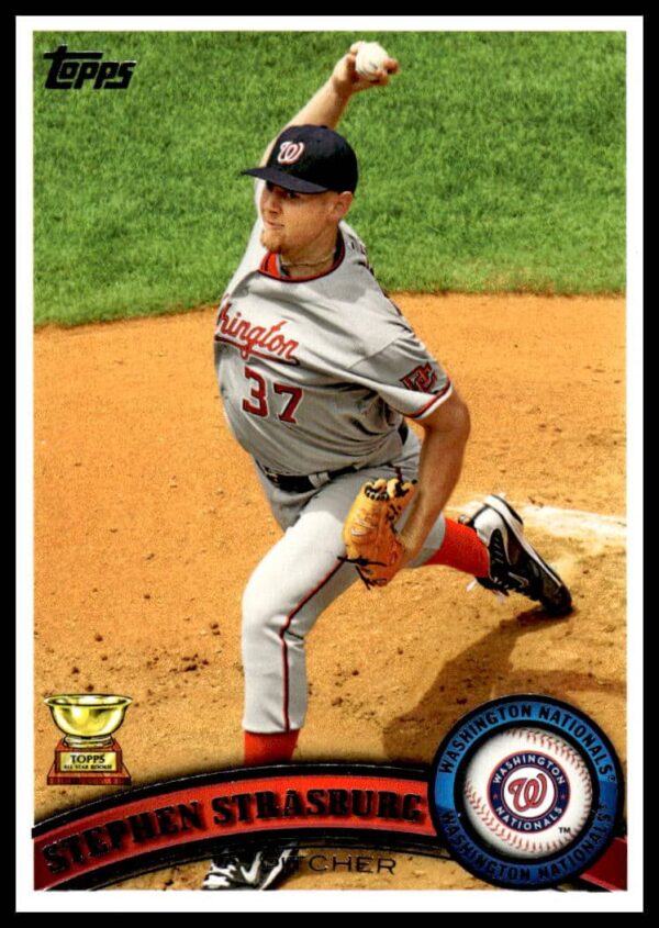 2011 Topps Stephen Strasburg Baseball Card #183, Pitching in Nationals Uniform.